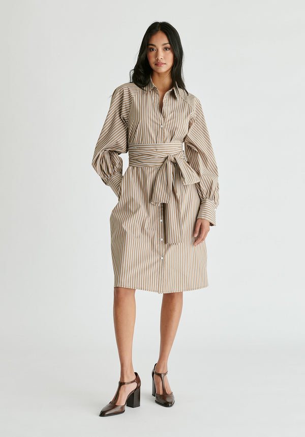 Striped Volume Sleeve Shirt Dress with Matching Tie Belt in Khaki Stripes Front