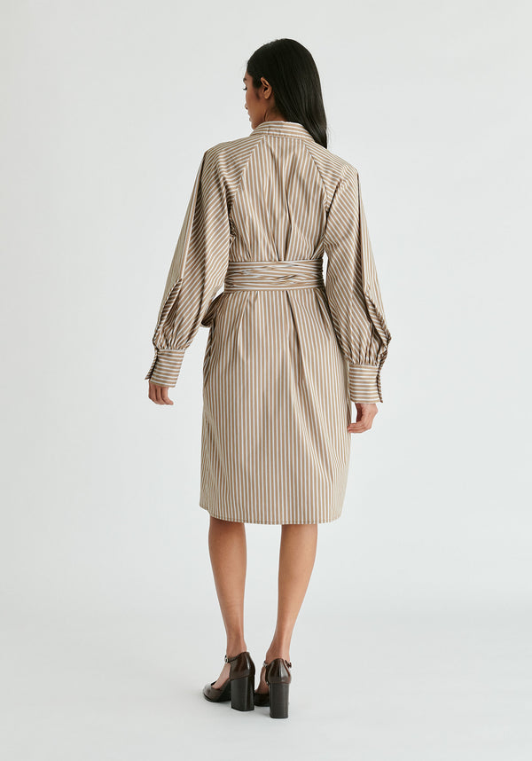Striped Volume Sleeve Shirt Dress with Matching Tie Belt in Khaki Stripes Back