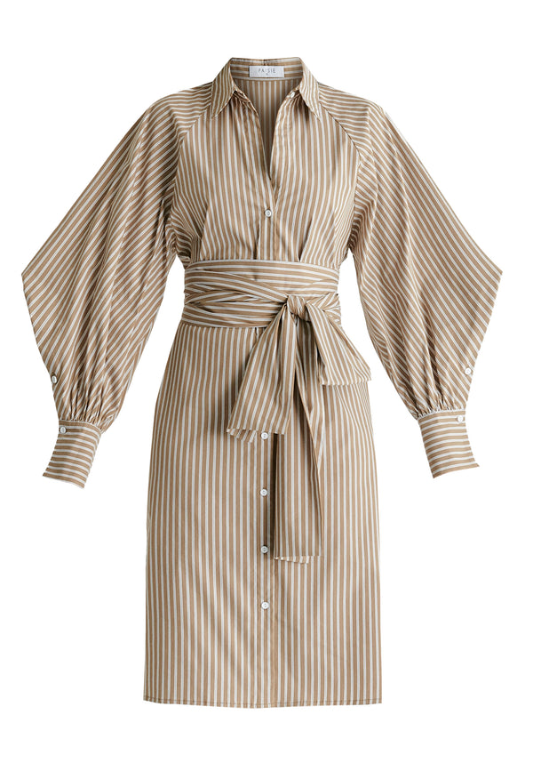 Striped Volume Sleeve Shirt Dress with Matching Tie Belt in Khaki Stripes Cutout