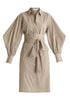 Striped Volume Sleeve Shirt Dress with Matching Tie Belt in Khaki Stripes Cutout