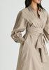 Striped Volume Sleeve Shirt Dress with Matching Tie Belt in Khaki Stripes Closeup
