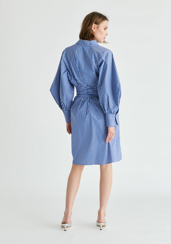 Striped Volume Sleeve Shirt Dress with Matching Tie Belt in Blue Stripes Back