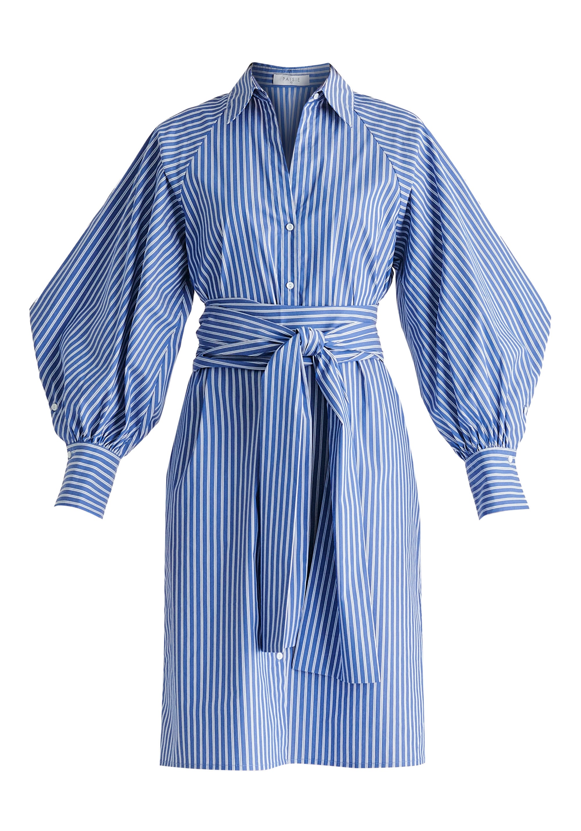 Striped Volume Sleeve Shirt Dress with Matching Tie Belt in Blue Stripes Cutout