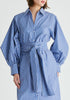 Striped Volume Sleeve Shirt Dress with Matching Tie Belt in Blue Stripes Closeup