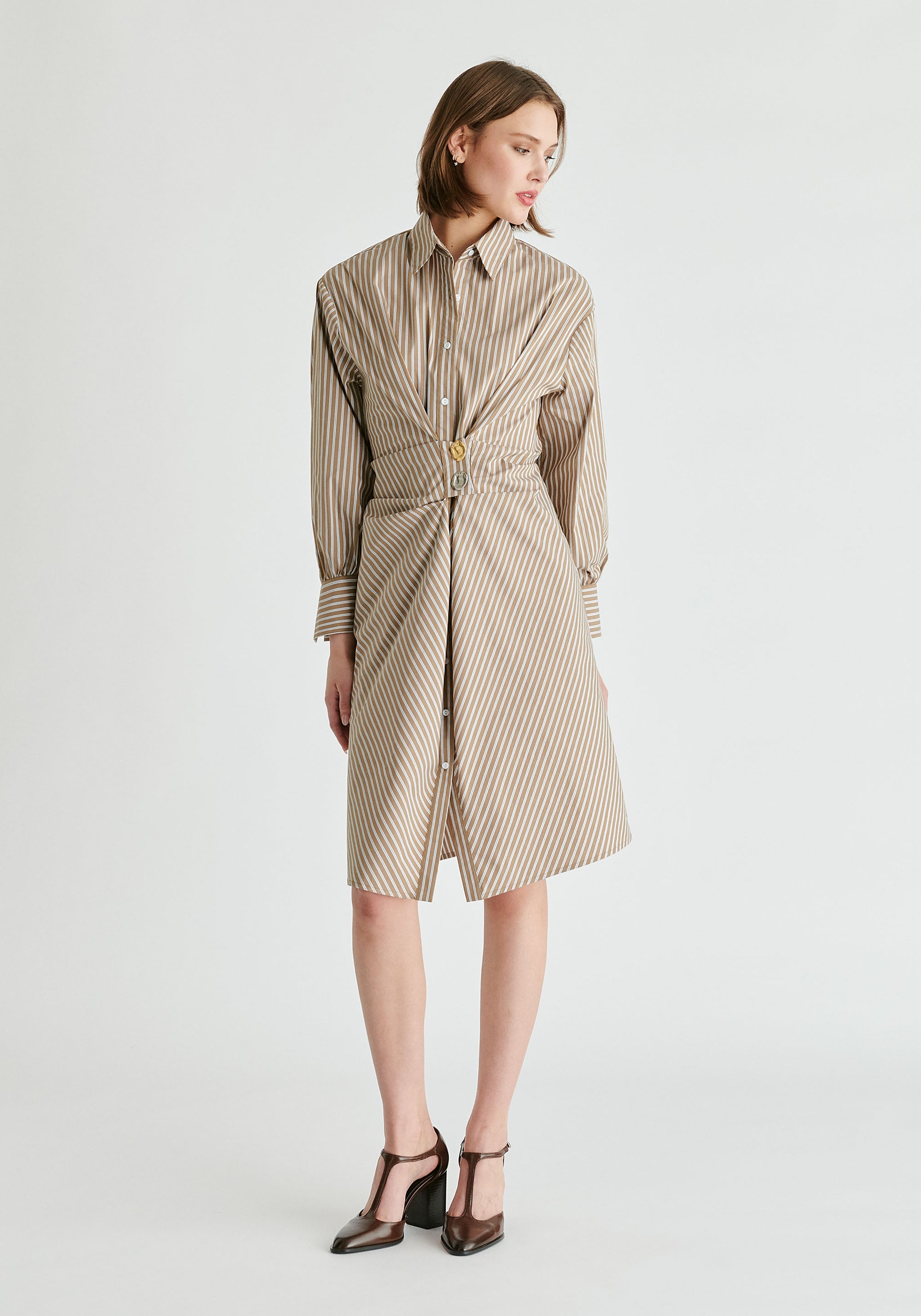 Asymmetric Striped Shirt Dress with Button Detail in Khaki Stripes