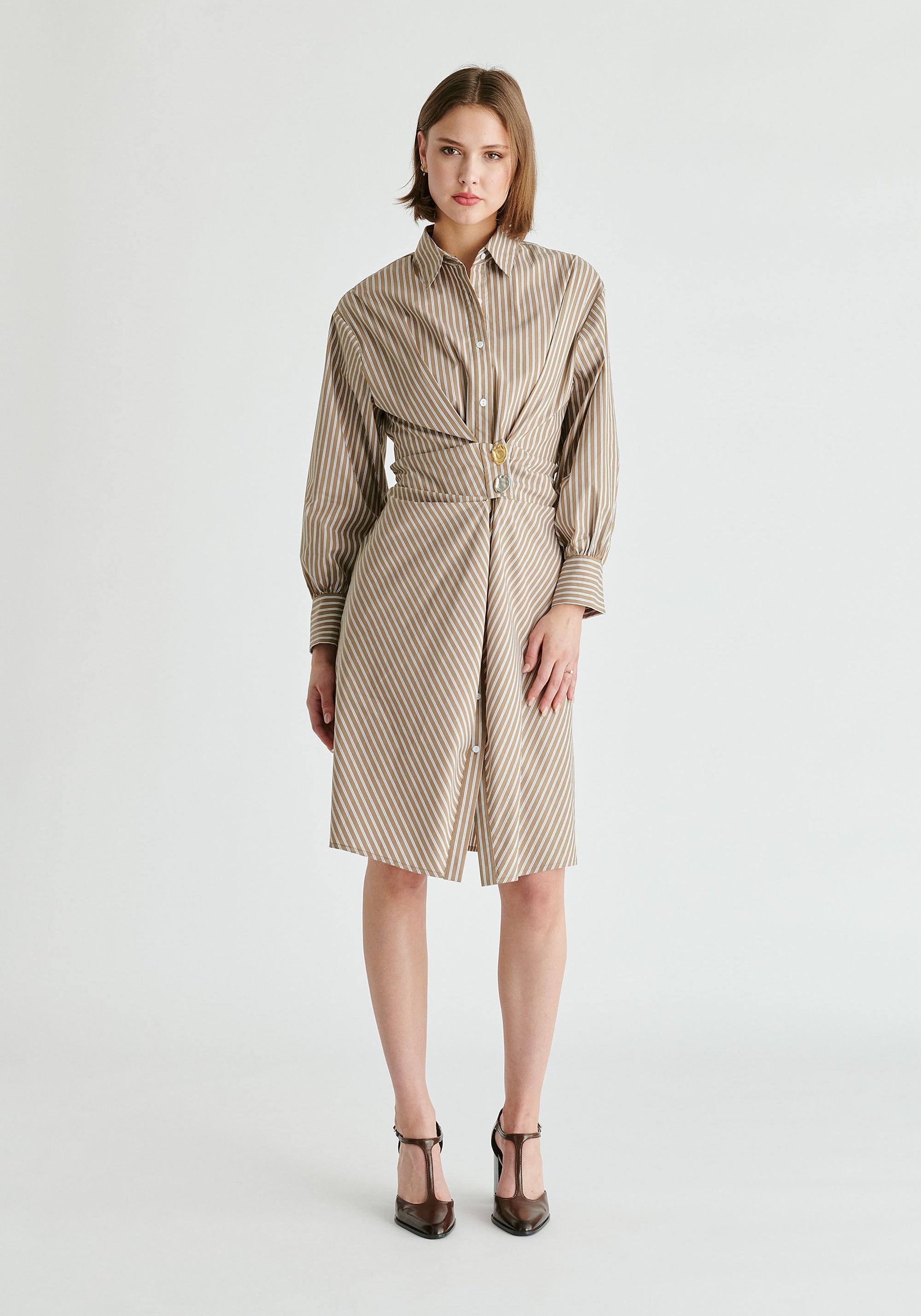 Asymmetric Striped Shirt Dress with Button Detail in Khaki Stripes Front