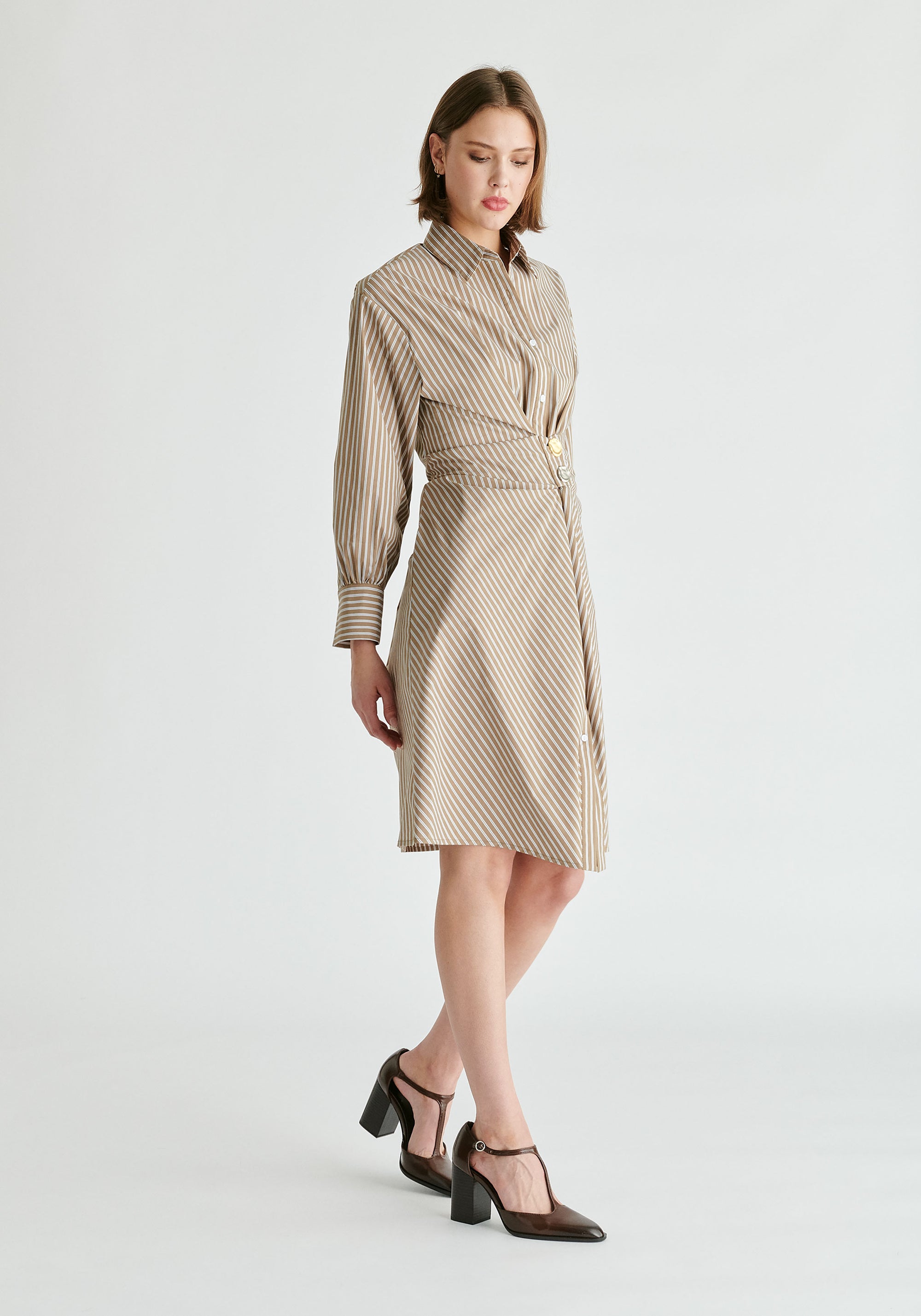 Asymmetric Striped Shirt Dress with Button Detail in Khaki Stripes Side