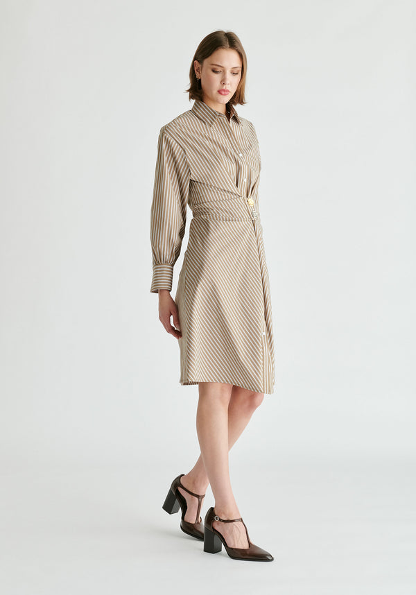 Asymmetric Striped Shirt Dress with Button Detail in Khaki Stripes Side