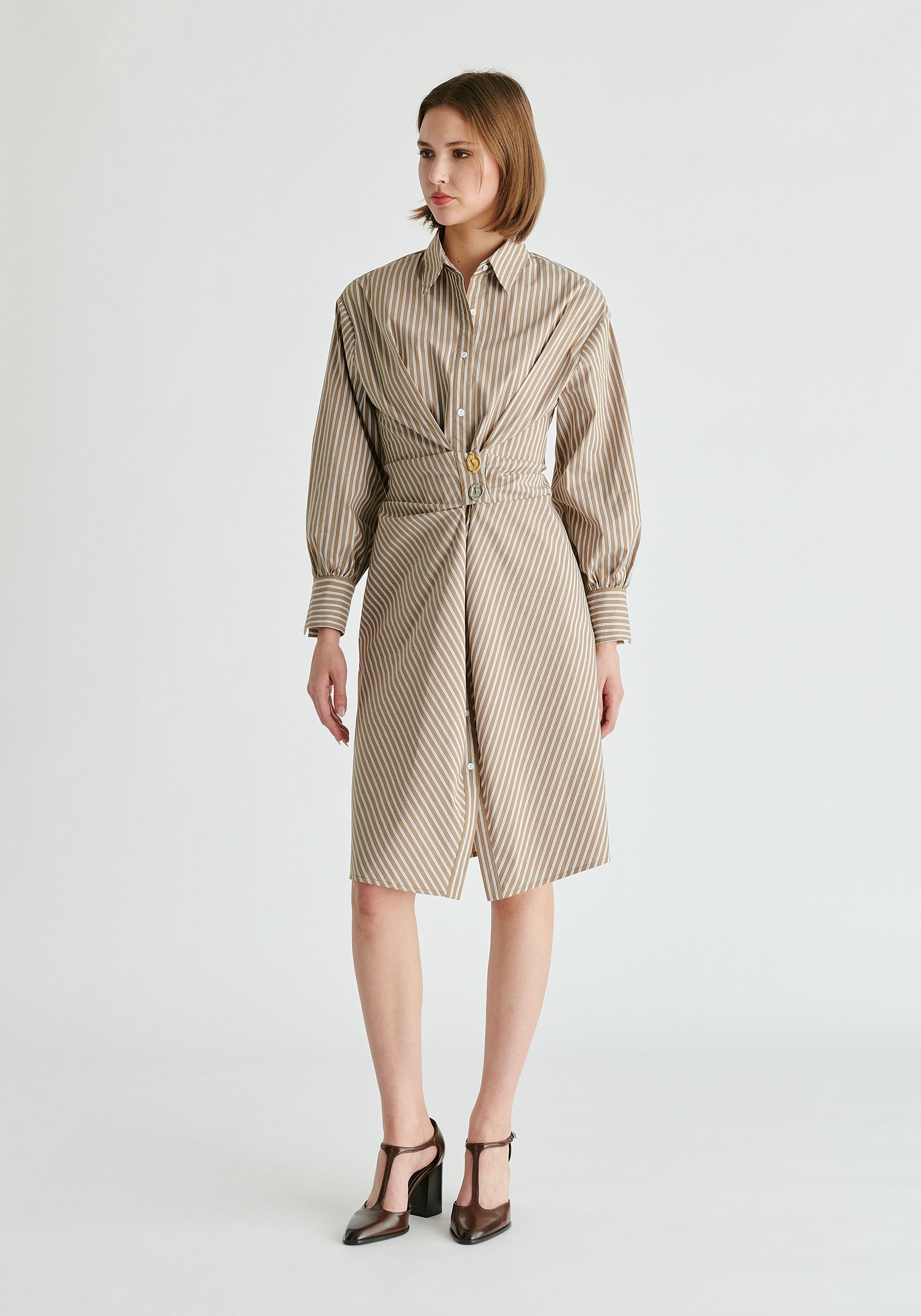 Asymmetric Striped Shirt Dress with Button Detail in Khaki Stripes Front