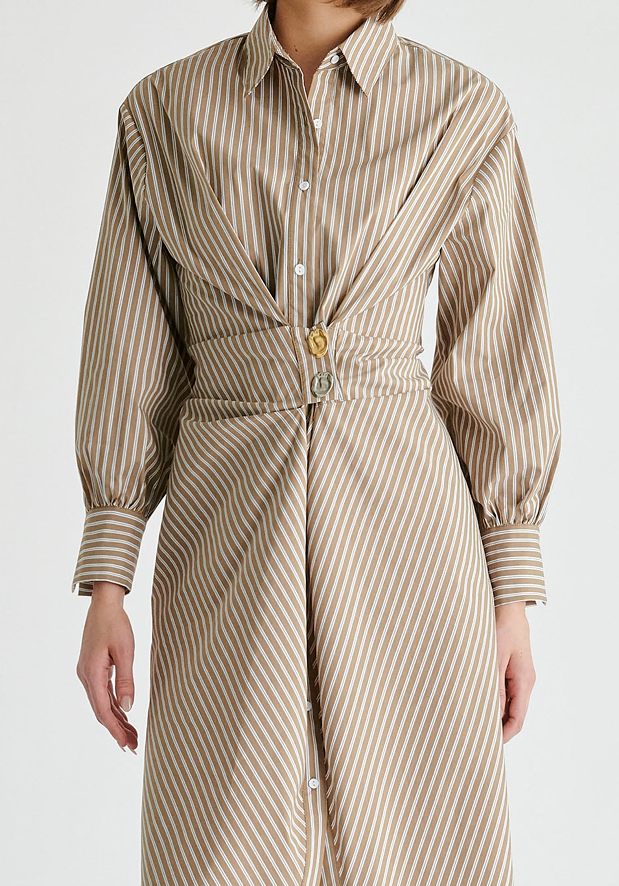 Asymmetric Striped Shirt Dress with Button Detail in Khaki Stripes Cutout
