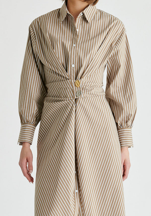 Asymmetric Striped Shirt Dress with Button Detail in Khaki Stripes Cutout