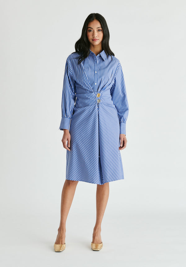 Asymmetric Striped Shirt Dress with Button Detail in Blue Stripes