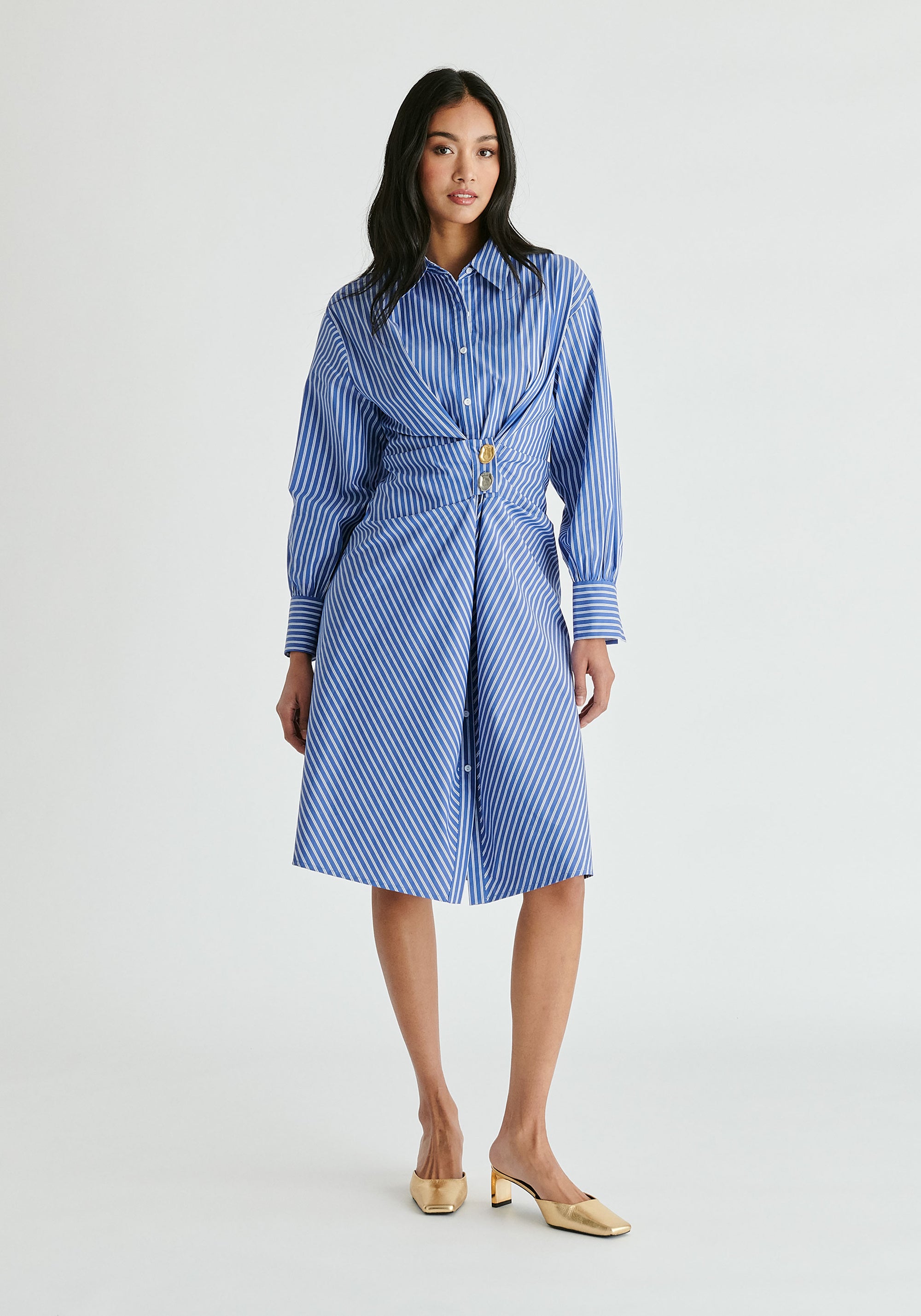 Asymmetric Striped Shirt Dress with Button Detail in Blue Stripes Front
