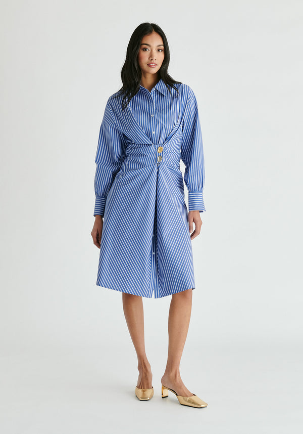 Asymmetric Striped Shirt Dress with Button Detail in Blue Stripes Front