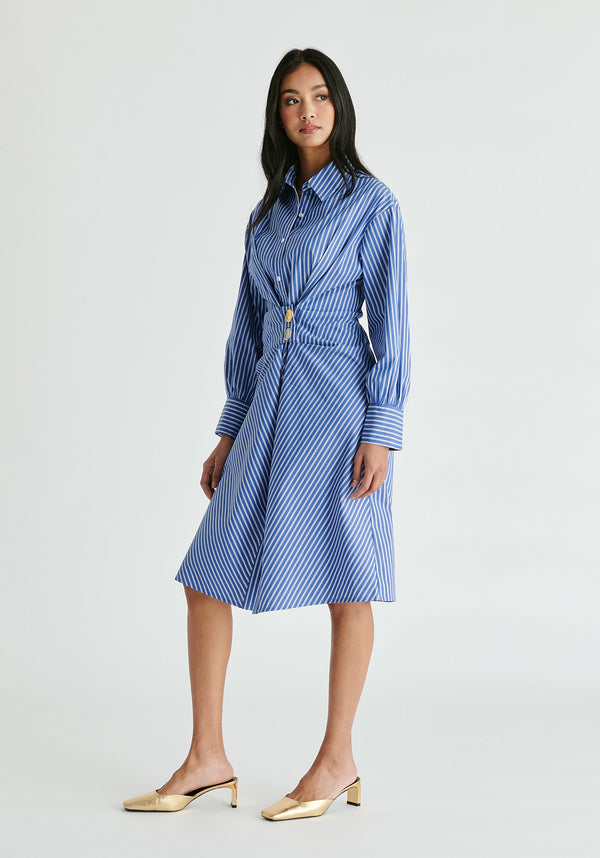 Asymmetric Striped Shirt Dress with Button Detail in Blue Stripes Side