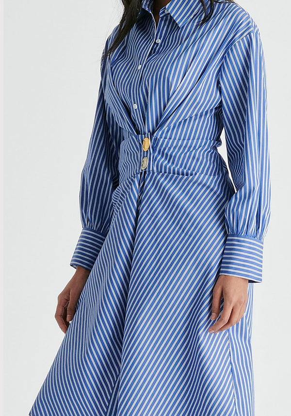 Asymmetric Striped Shirt Dress with Button Detail in Blue Stripes Close up