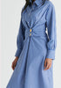 Asymmetric Striped Shirt Dress with Button Detail in Blue Stripes Close up