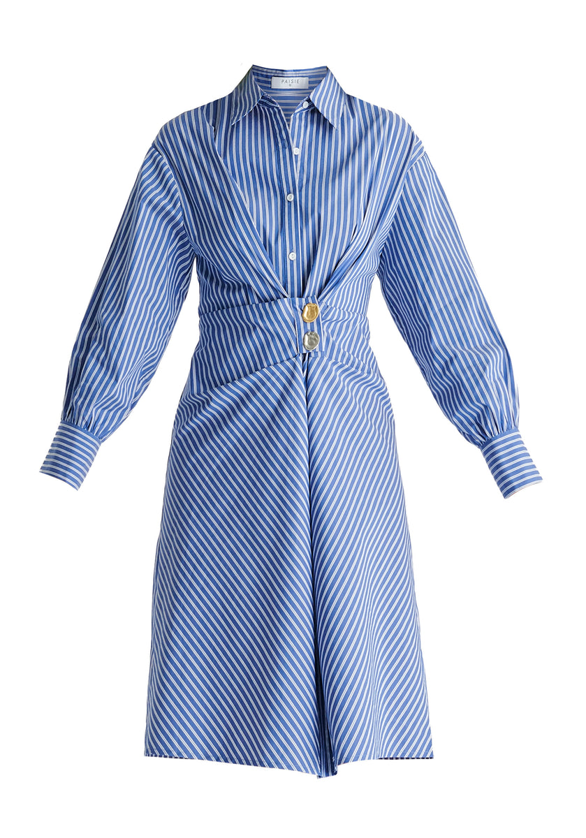 Asymmetric Striped Shirt Dress with Button Detail in Blue Stripes