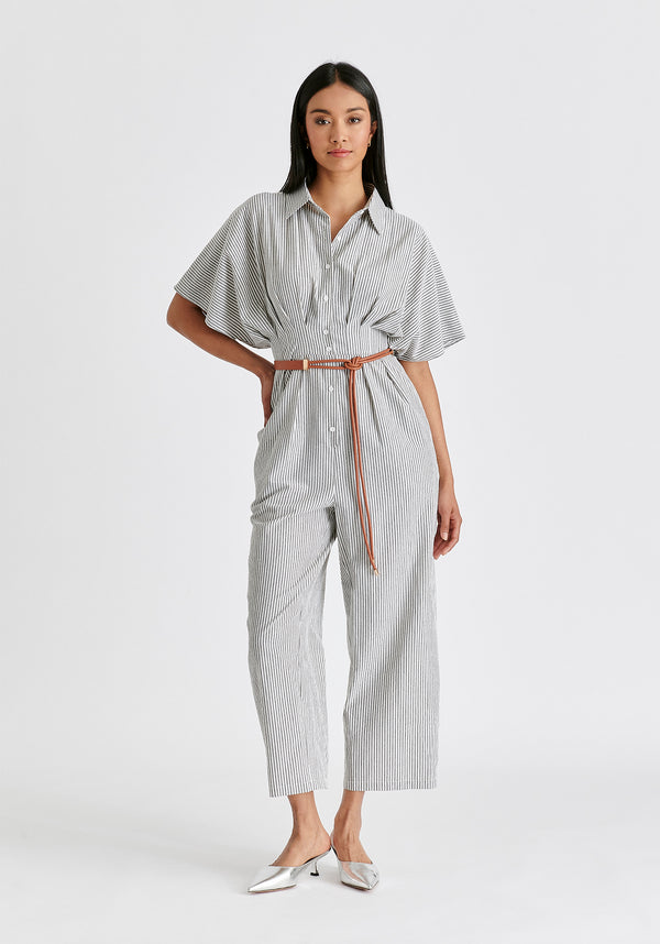 Striped Jumpsuit with Waist Pleats in White and Black