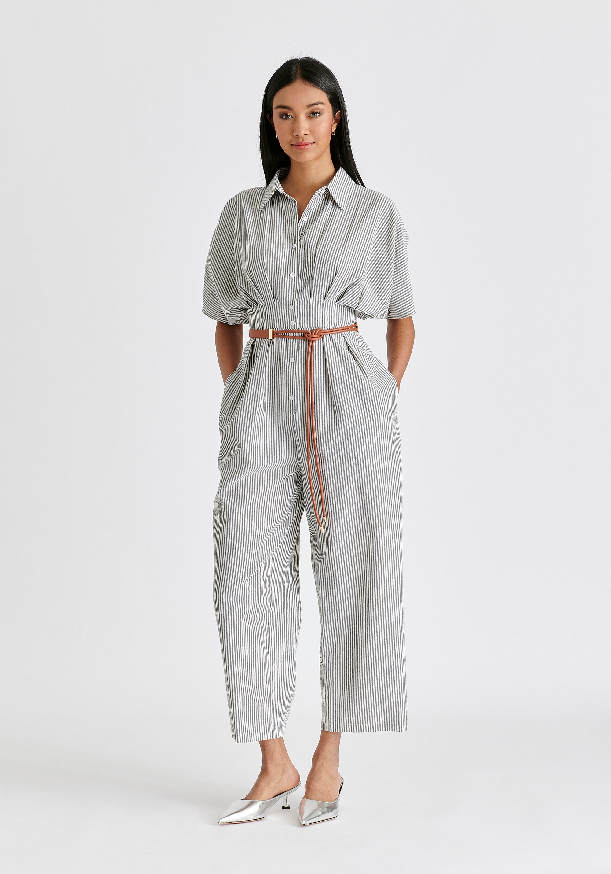 Striped Jumpsuit with Waist Pleats in White and Black Front