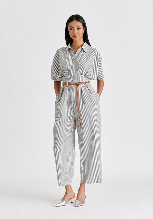 Striped Jumpsuit with Waist Pleats in White and Black Front
