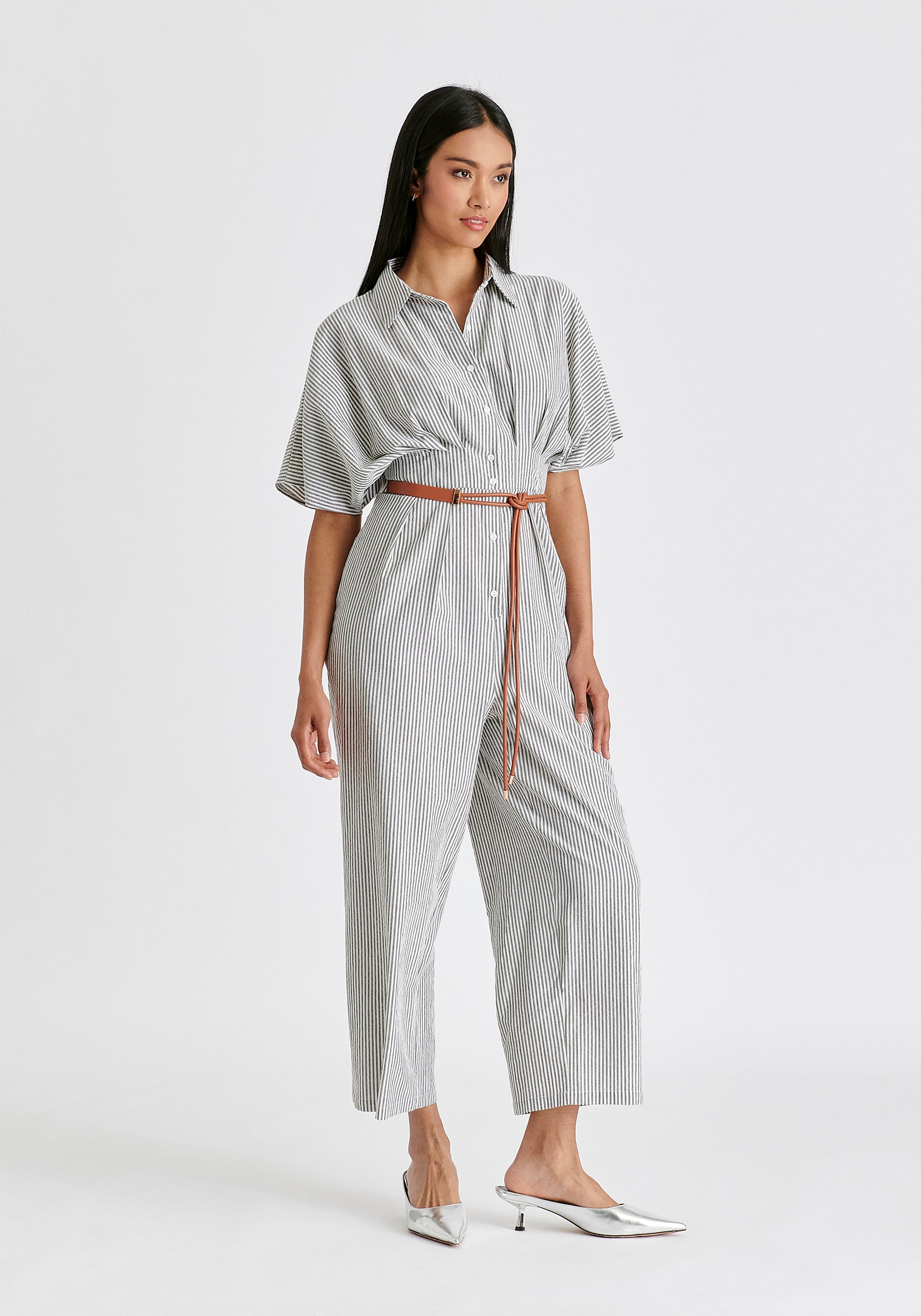 Striped Jumpsuit with Waist Pleats in White and Black Side