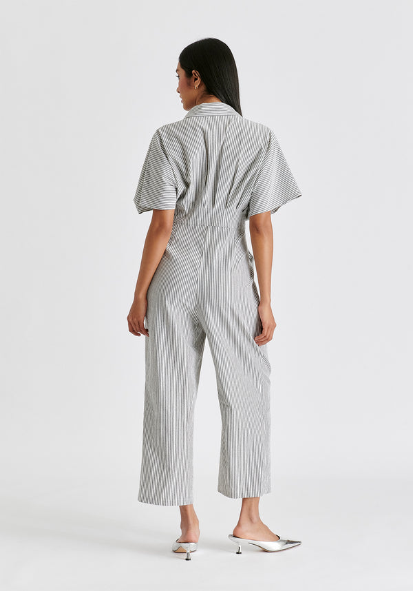 Striped Jumpsuit with Waist Pleats in White and Black Back