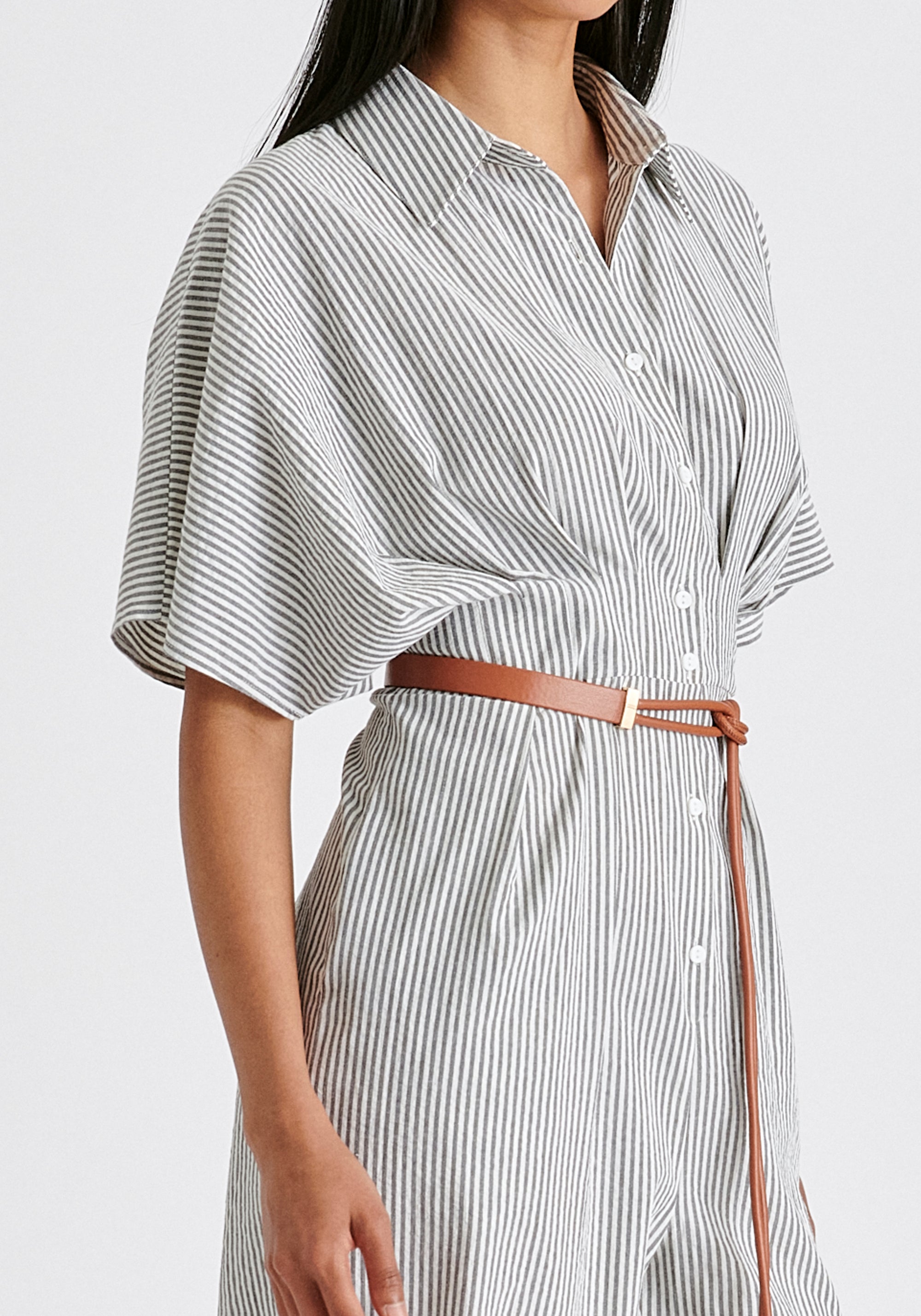 Striped Jumpsuit with Waist Pleats in White and Black Closeup