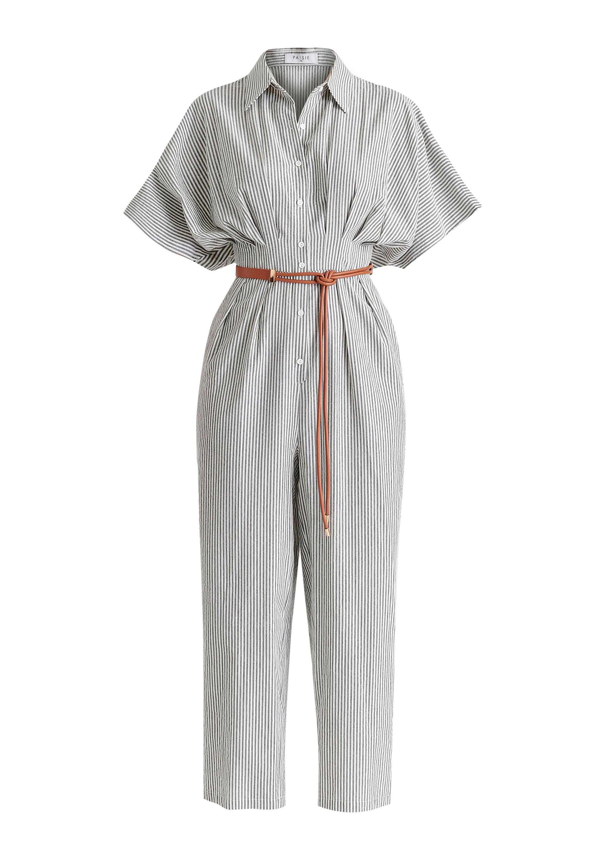 Striped Jumpsuit with Waist Pleats in White and Black Cutout