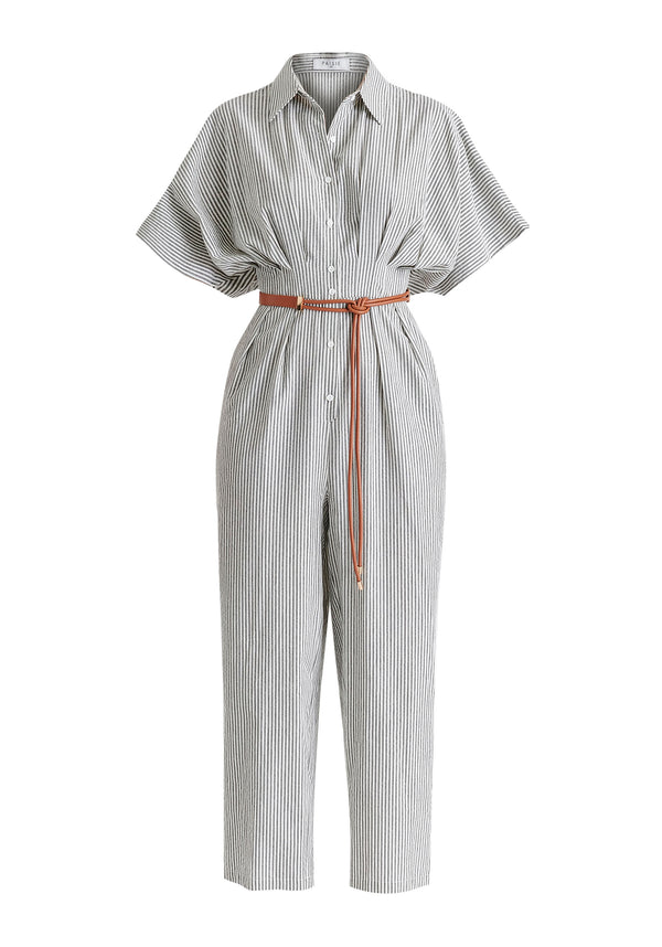 Striped Jumpsuit with Waist Pleats in White and Black Cutout