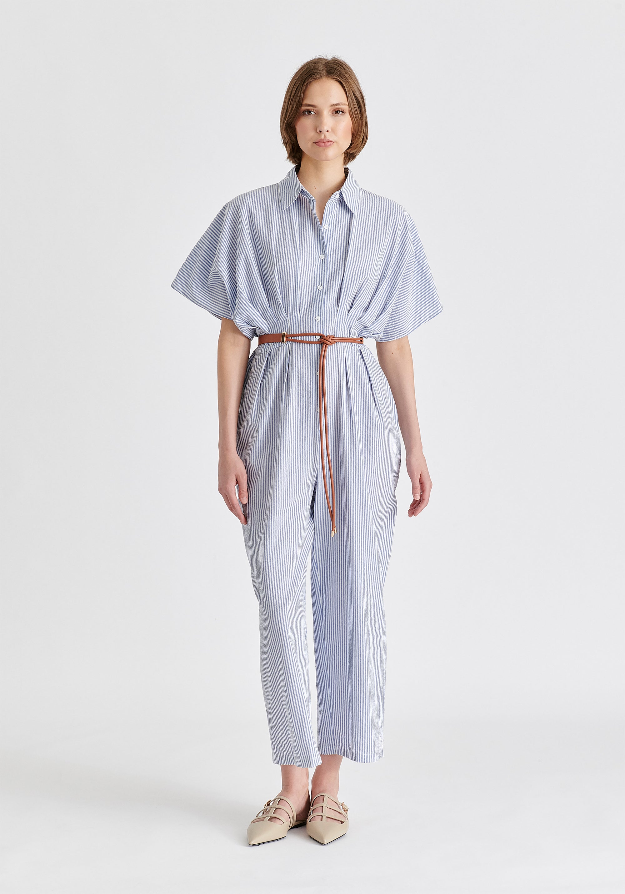 Striped Jumpsuit with Waist Pleats in White and Blue