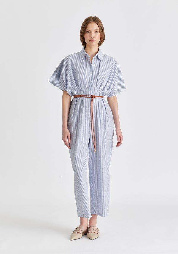 Striped Jumpsuit with Waist Pleats in White and Blue