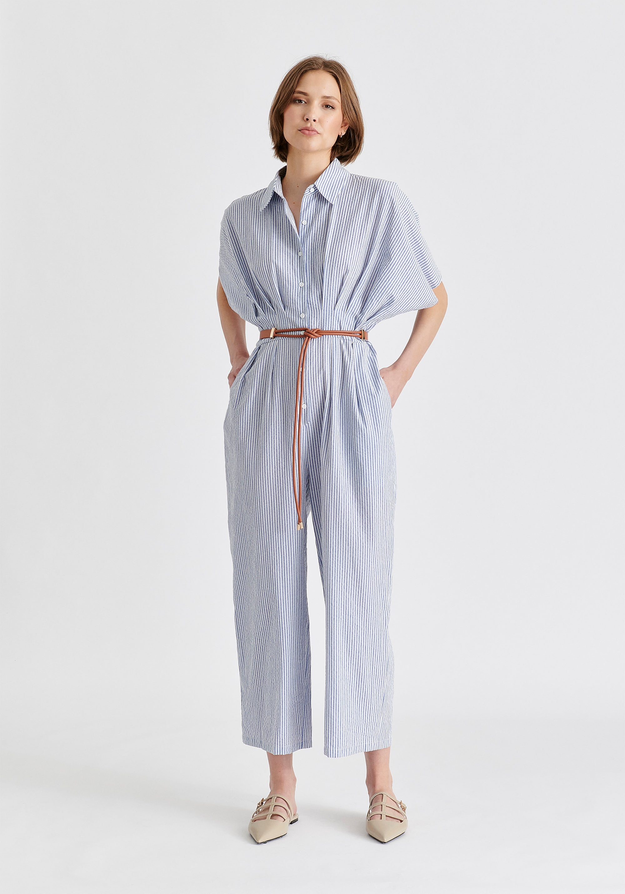 Striped Jumpsuit with Waist Pleats in White and Blue Front