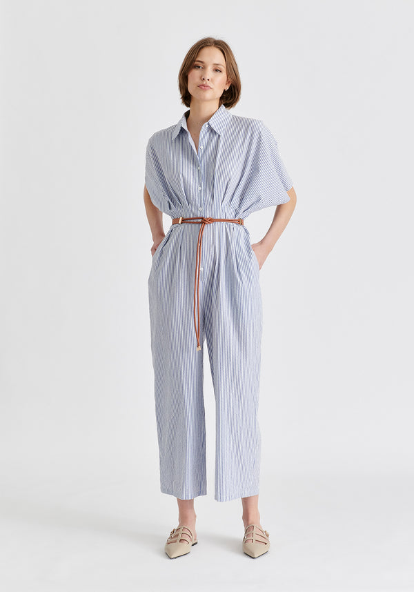Striped Jumpsuit with Waist Pleats in White and Blue Front