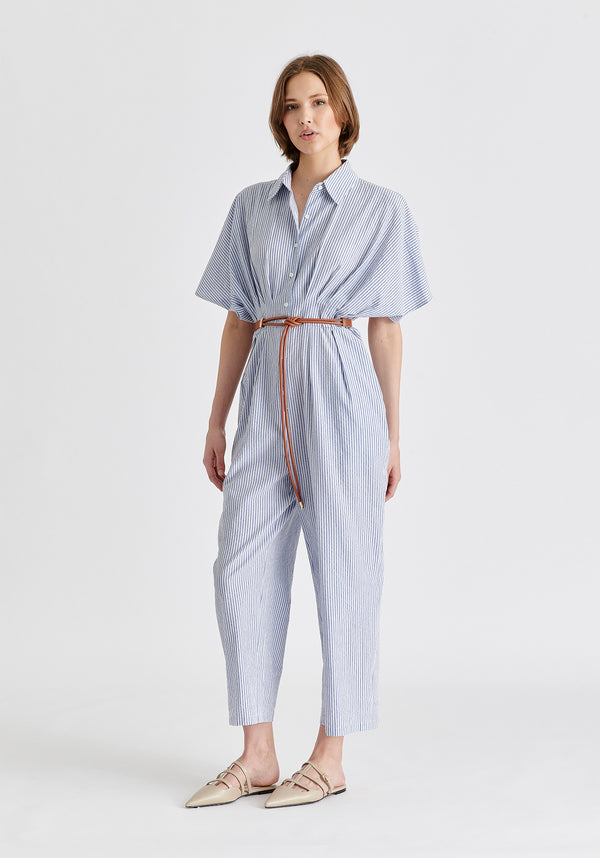 Striped Jumpsuit with Waist Pleats in White and Blue Side