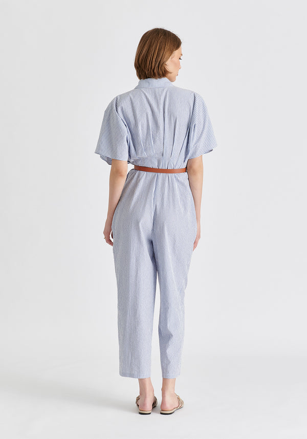 Striped Jumpsuit with Waist Pleats in White and Blue Back