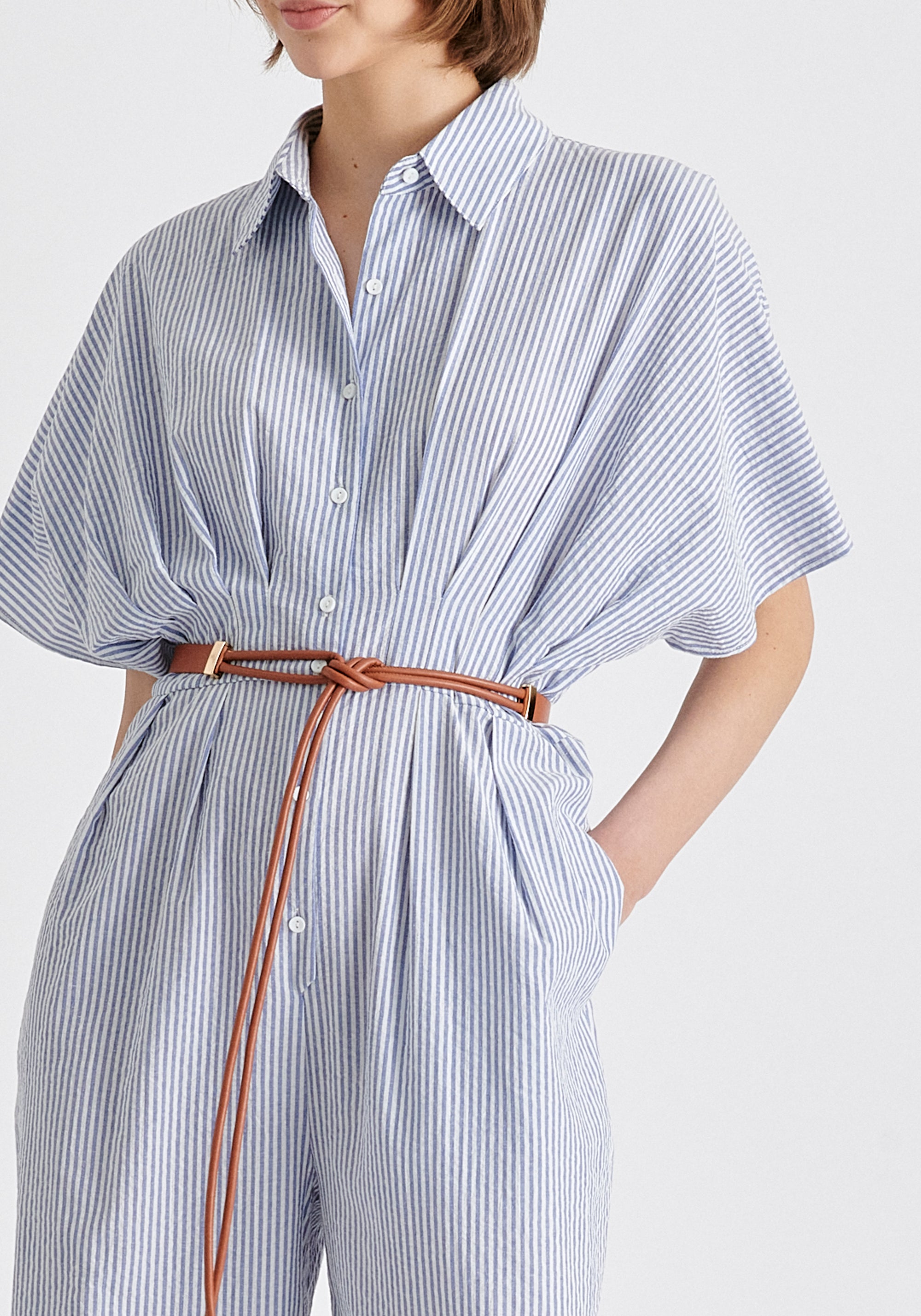 Striped Jumpsuit with Waist Pleats in White and Blue Closeup
