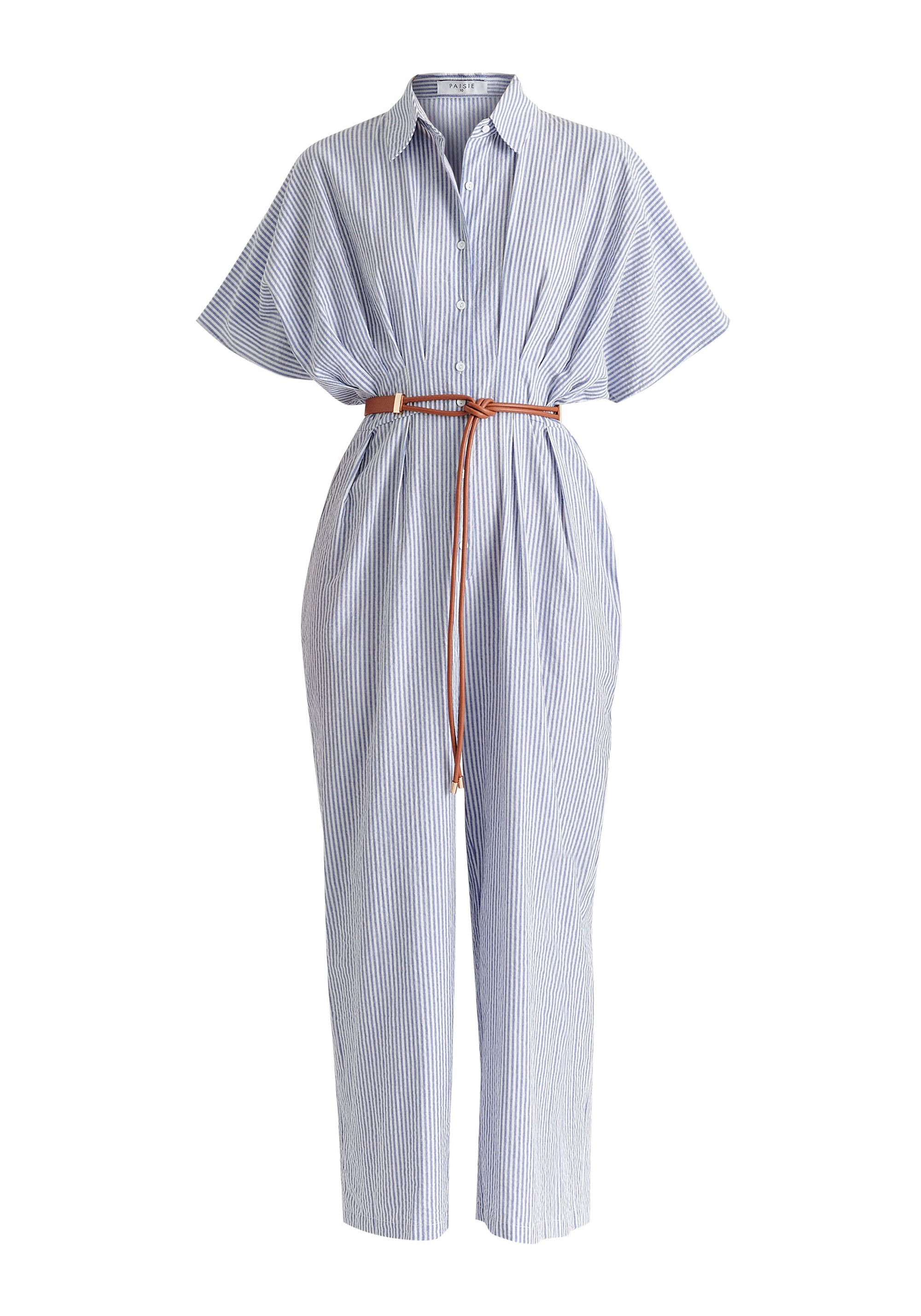 Striped Jumpsuit with Waist Pleats in White and Blue Cutout