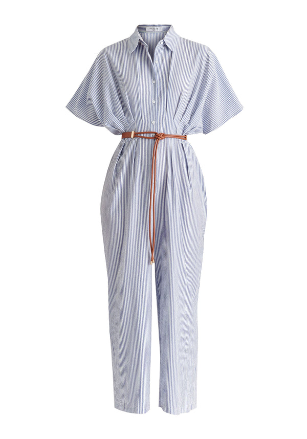 Striped Jumpsuit with Waist Pleats in White and Blue Cutout