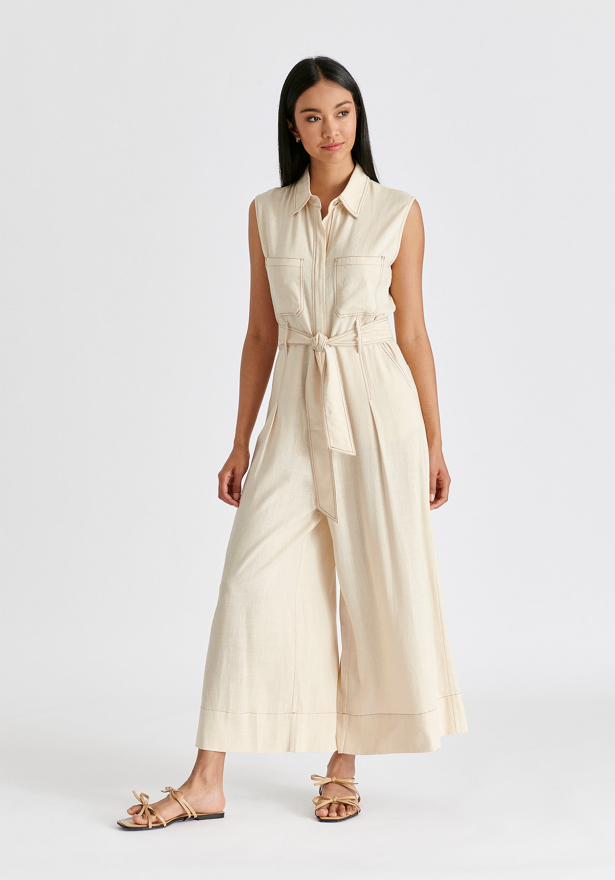 Linen Blend Jumpsuit with Stitch Details in Oatmeal Front
