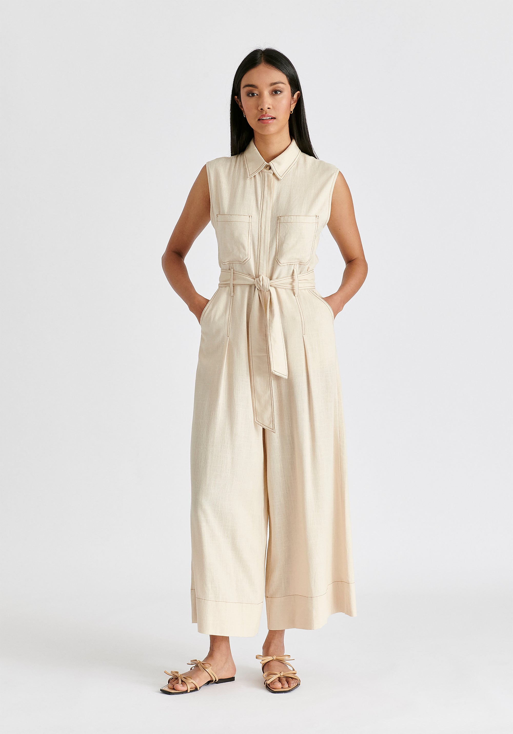 Linen Blend Jumpsuit with Stitch Details in Oatmeal Front
