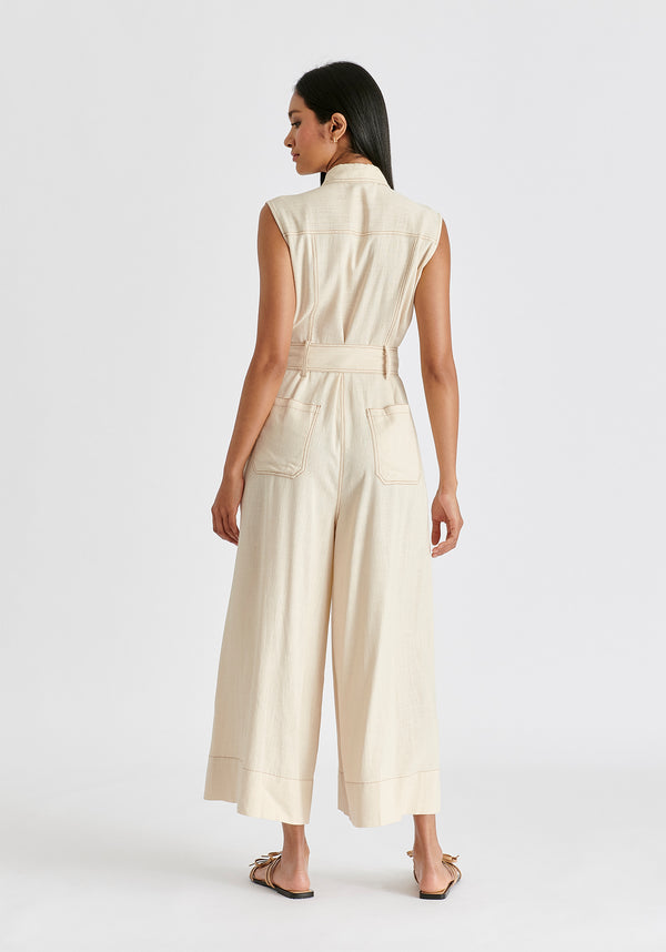 Linen Blend Jumpsuit with Stitch Details in Oatmeal Back