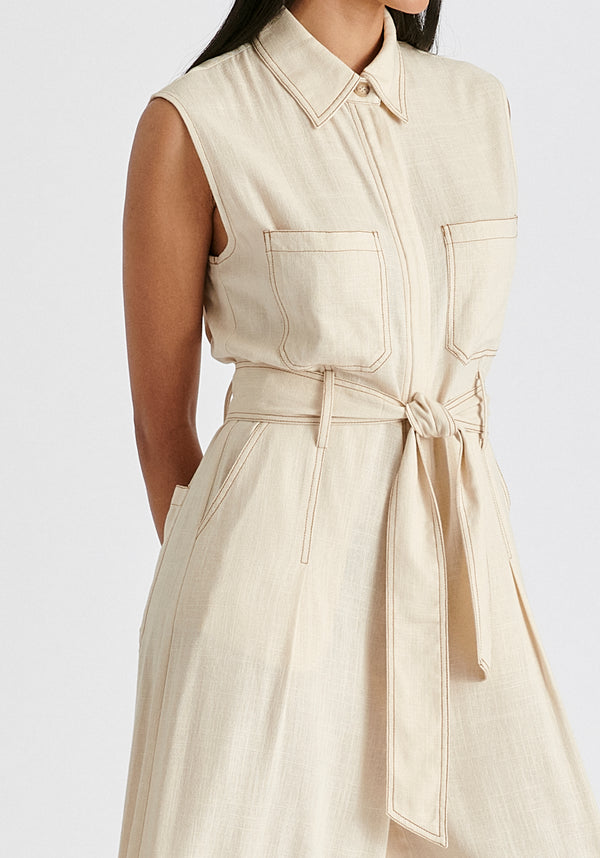 Linen Blend Jumpsuit with Stitch Details in Oatmeal Closeup