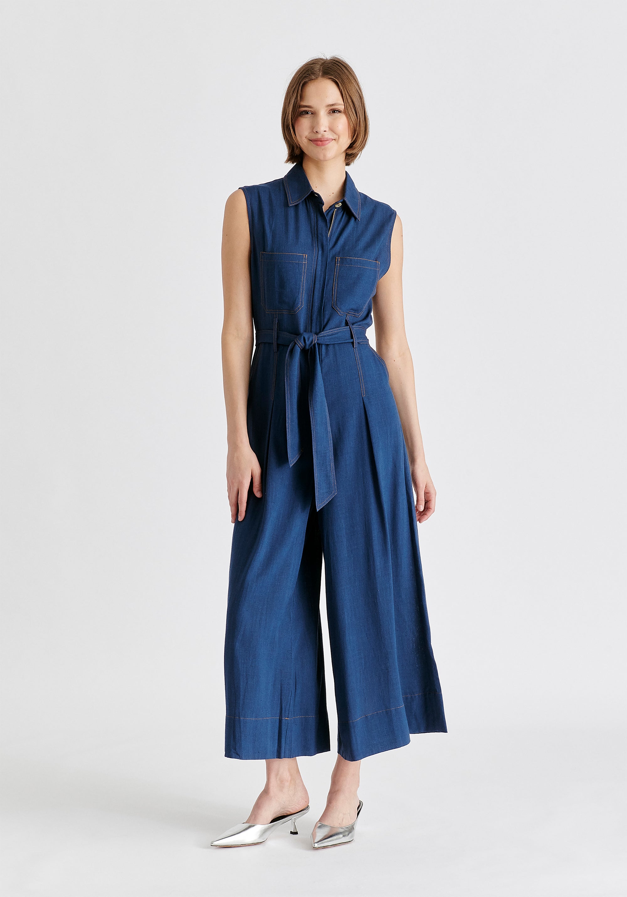 Linen Blend Jumpsuit with Stitch Details in Navy