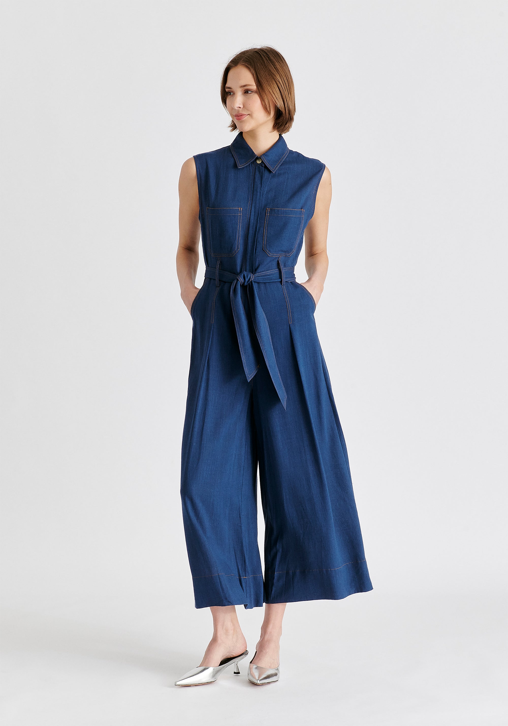 Linen Blend Jumpsuit with Stitch Details in Navy Front
