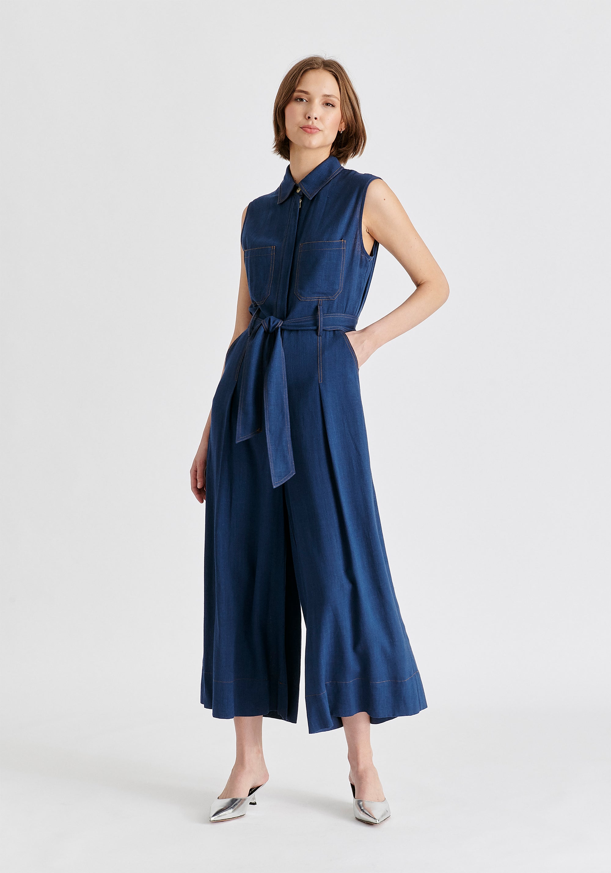 Linen Blend Jumpsuit with Stitch Details in Navy Front