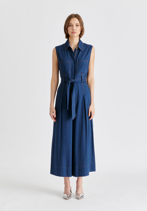 Linen Blend Jumpsuit with Stitch Details in Navy Front