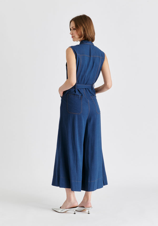Linen Blend Jumpsuit with Stitch Detailsin Navy Back