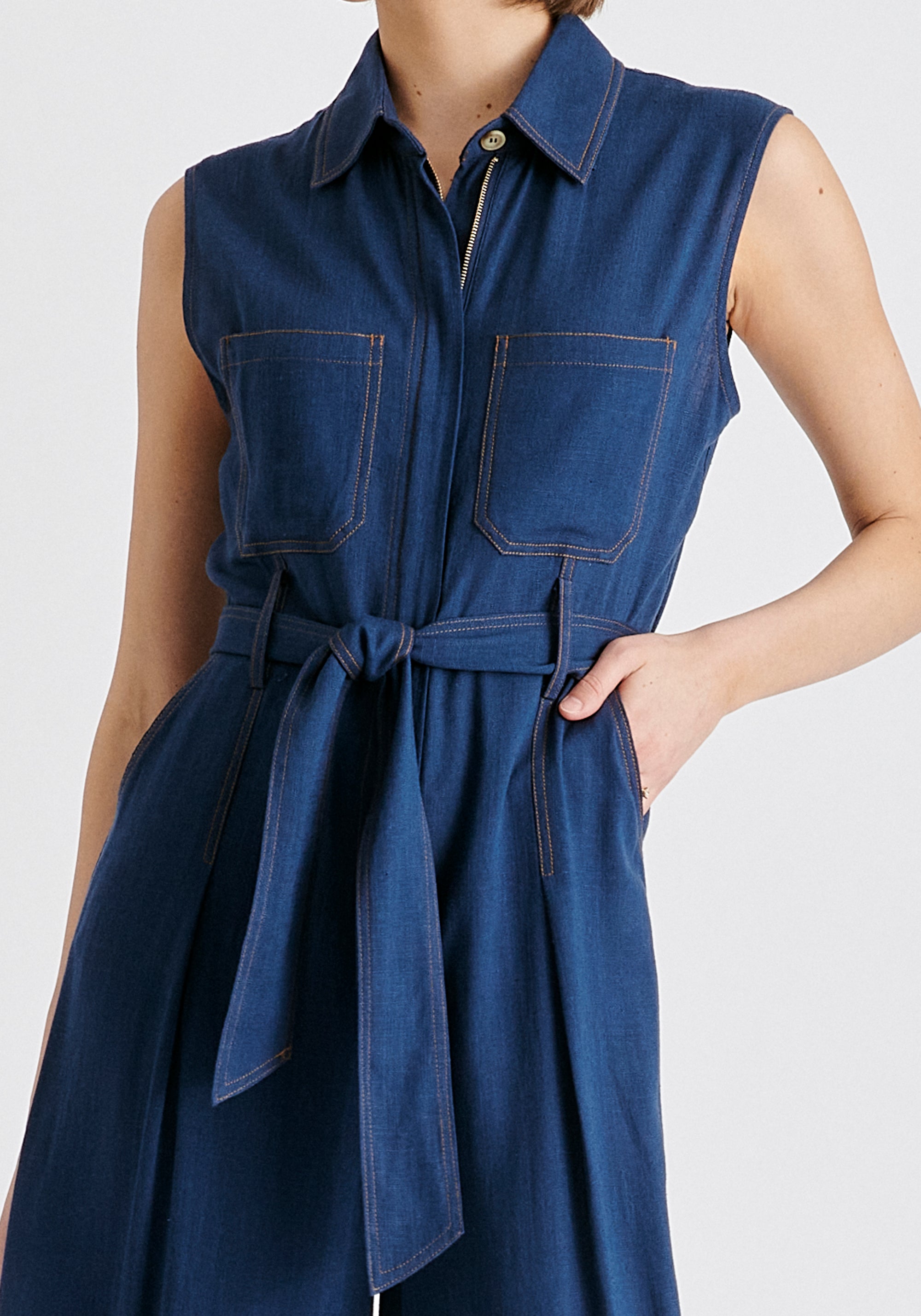 Linen Blend Jumpsuit with Stitch Details in Navy Closeup