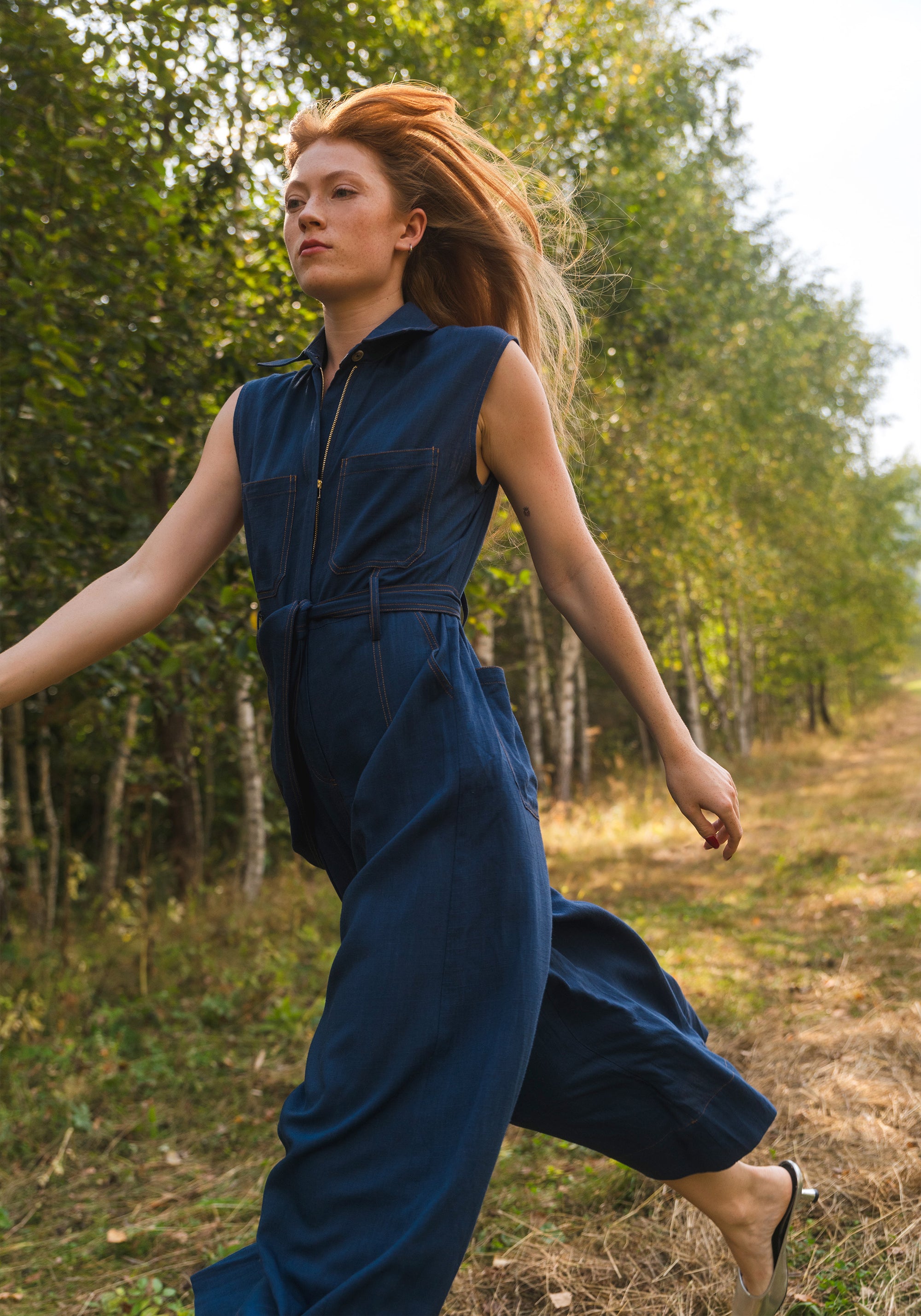 Linen Blend Jumpsuit with Stitch Details in Navy